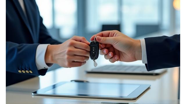 Business professional receiving priority service at a car rental desk