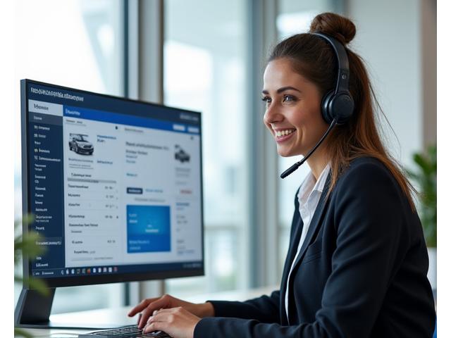A friendly Car Rental Canada reservation specialist assisting a customer on the phone at a clean desk with a computer and vehicle options on screen.