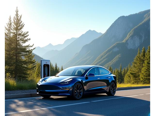 Sleek electric car charging in a scenic Canadian landscape