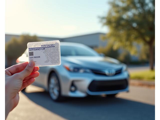 A shiny, new car ready for rent, with a hand holding an insurance card overlayed, symbolizing easy insurance replacement car rental.