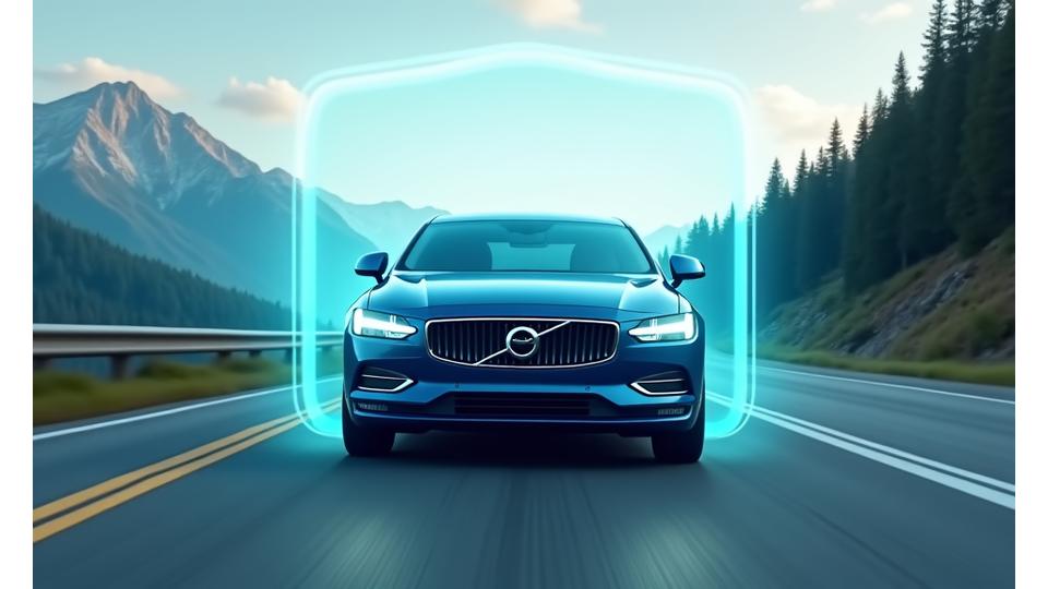 A gleaming car protected by a translucent digital shield, symbolizing comprehensive insurance coverage.