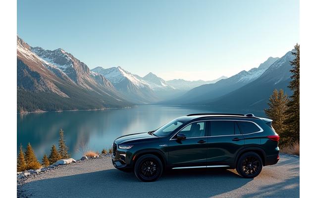 Rugged SUV parked in front of a scenic Canadian mountain lake, ready for adventure and spacious enough for family luggage.